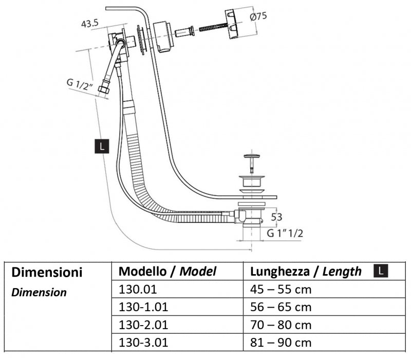 CGS - Colonna Vasca Con Erogazione Al Troppo Pieno Cm 56-65 tappo in ottone ø42 mm - trasmissione con movimento a cremagliera - lunghezza: 45-55 mm