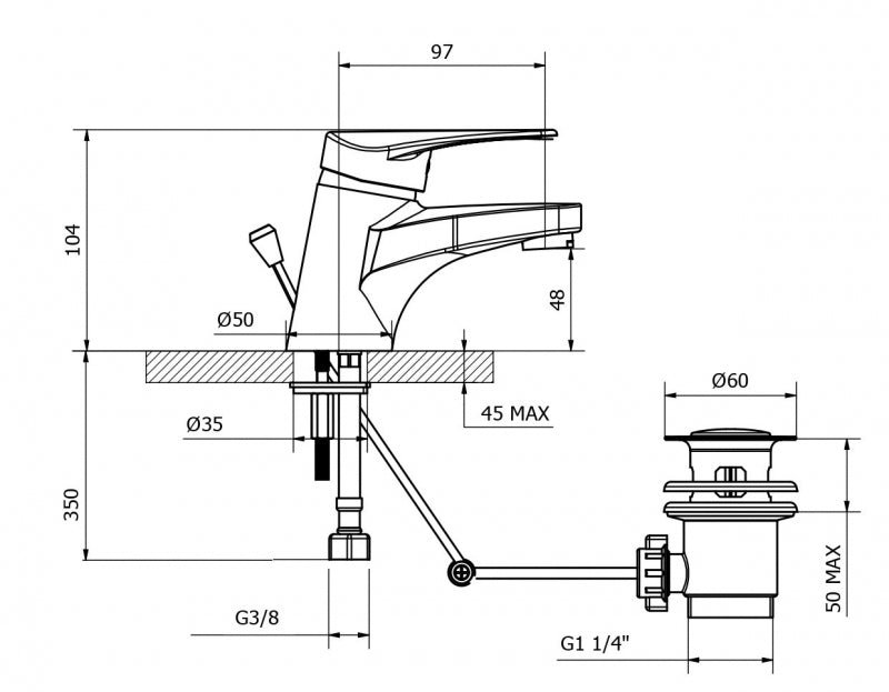 Teorema - Miscelatore Lavabo Cromato Con Piletta A Saltello in abs da 1" 1/4 - Serie: T-One