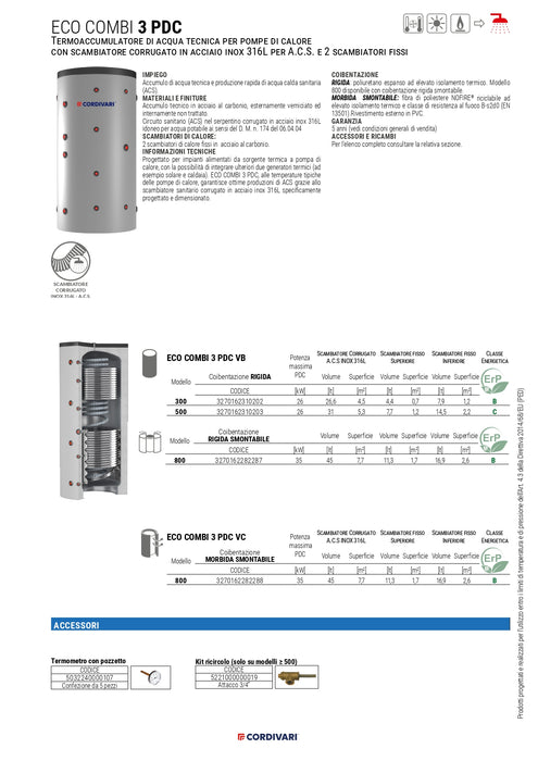 Cordivari - Termoaccumulatore/Bollitore Di Acqua Tecnica 500 L Per Pompe Di Calore Con Scambiatore Corrugato In Acciaio Inox Per Acqua Calda Sanitaria e 2 Scambiatori Fissi