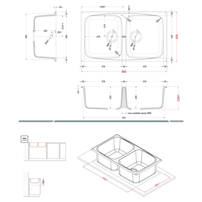 Elleci - Lavello Cucina In Vetroresina Granitek Da Incasso 86x50 cm A 2 Vasche Colore Avena - Serie Master 450 - Codice: LGM45051