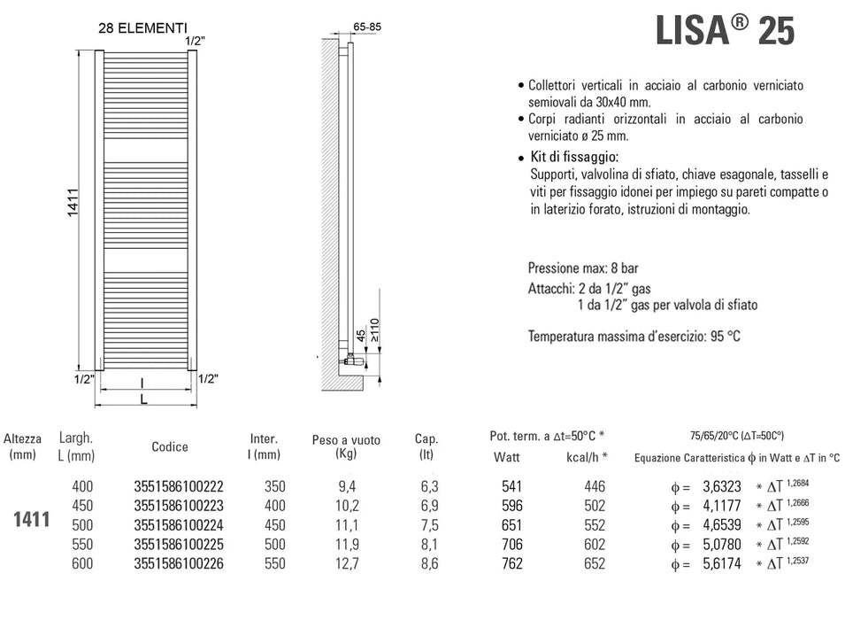 Cordivari - Lisa25 Radiatore Scaldasalviette H1411X550 Interasse 500 Mm - Colore: Cromo